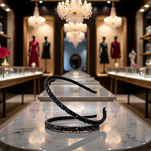 Black Crystal Bead Headband Sparkling Rhinestone Hair Band for Women