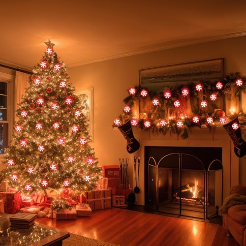 Christmas Candy String Lights - 2 Pieces 18 Ft Battery Powered Red LED Peppermint Decor