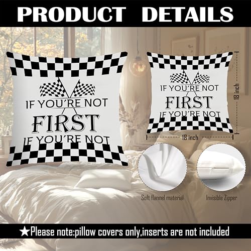 Motivational Race Car Pillow Cover 18x18 - Boys Room Decor, Checkered Inspirational Throw Pillow Cover - Colour-Inspirational Design