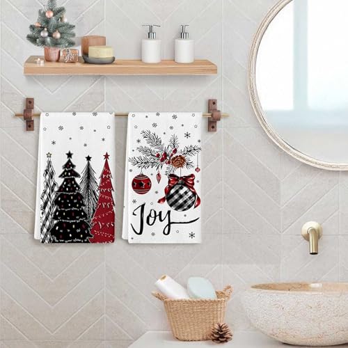 KORVITA Christmas Hand Towels, 2-Piece Set, Black and Red Tree Design