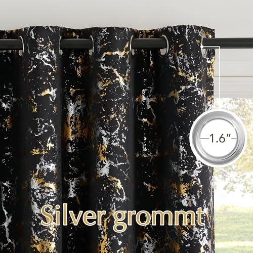 NICETOWN Silver and Gold Marble Patterned Curtains 100% Blackout Christmas Decor for Living Room Bedroom 84 Inches Long 2 Panels Thermal Insulated Noise Reducing Grommet Modern Window Treatments, 52"W