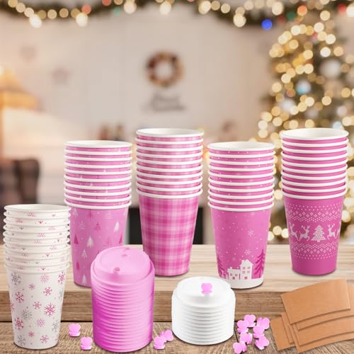 Pink Christmas Coffee Cups with Lids & Sleeves - 16 Oz Disposable Holiday Party Set
