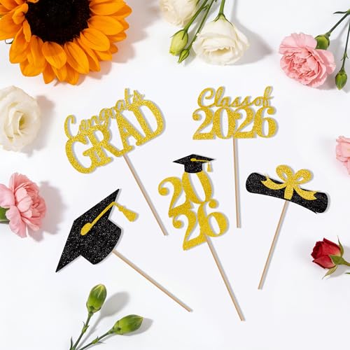 2026 Graduation Cupcake Toppers - 25 Black & Gold Picks