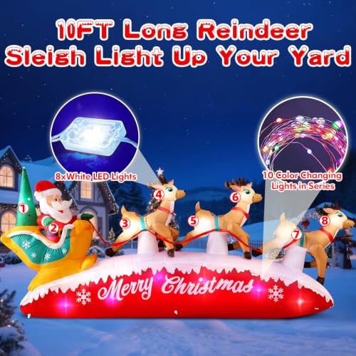 10FT Christmas Inflatable Santa Reindeer Sleigh Outdoor Decor with Rotating LED Lights - Brown