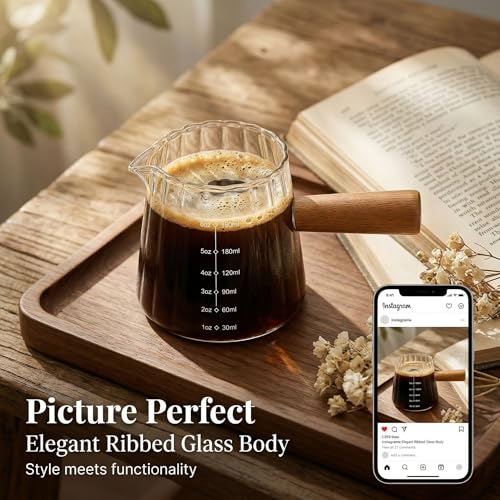 Transparent 6oz Espresso Shot Glass with Wood Handle & Measuring Scale