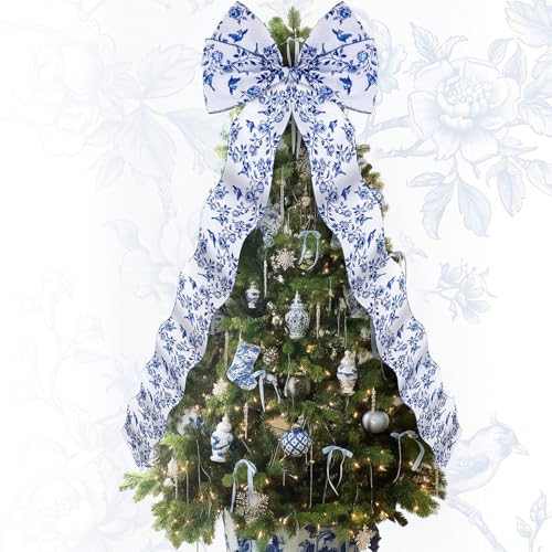 Extra Large Blue and White Christmas Bow Tree Topper 47 x 20 Inches - Elegant Holiday Decor