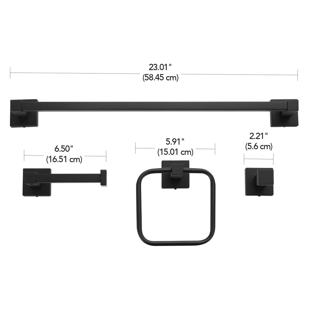 Globe Electric 65561 4-Piece Bathroom Hardware Accessory Kit, Matte Black, Towel Bar, Towel Ring, Robe Hook, Toilet Paper Holder, Home Decor, Bathroom Set, Kitchen Décor, Design Essentials