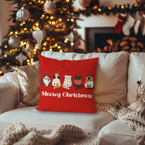 Christmas Cat Throw Pillow Cover, Red 18x18 Inch Decorative Xmas Cushion Case
