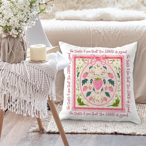 Christian Pink Bow Strawberry Pillow Cover 18x18 - Bible Verse Decor