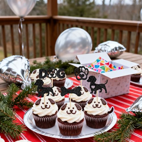 12 Black Glitter Dachshund Cupcake Toppers for Pet Parties