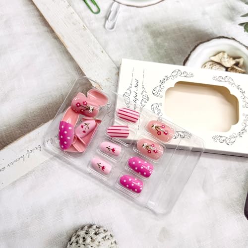 Medium Oval Press on Nails Cute Strawberry Acrylic False Nails Pink Tulip