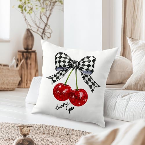 Cherry Pillow Cover 18x18 - Black & White Checkered Bow | JMICPTUB