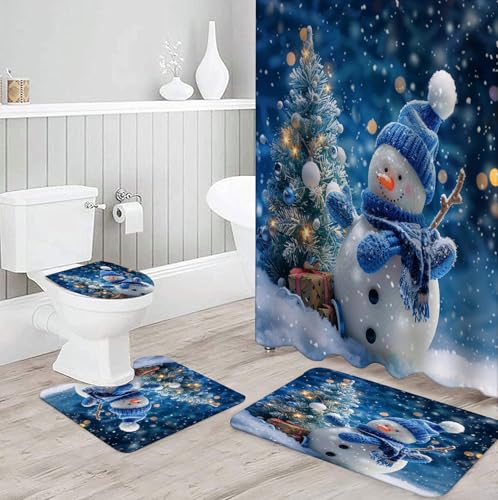 Blue Christmas Shower Curtain Set with Snowman Santa Holiday Bath Rugs & Hooks