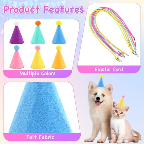 Mini Party Hats for Stuffed Animals & Pets - 6 Pack, Birthday Accessories
