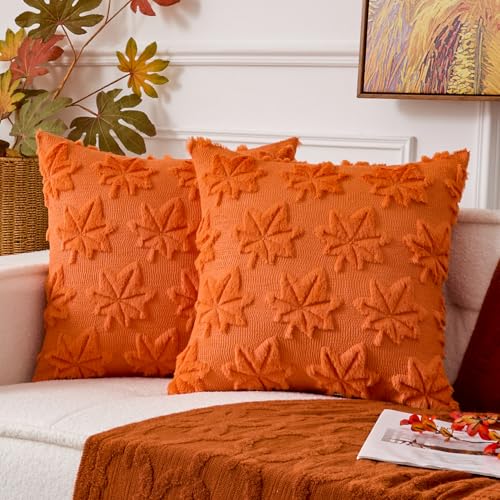 UGASA 18x18 Inch Fall Leaves Pillow Covers Set of 2 - Orange