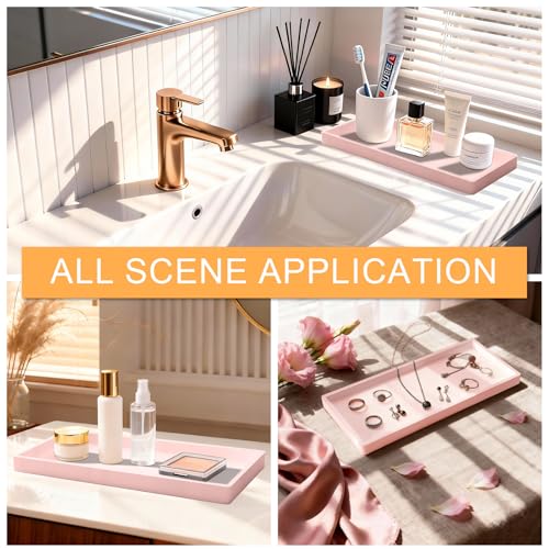 BLESWIN Pink Silicone Bathroom Vanity Tray 7.8 x 3.9 Inch - Non-Slip Organizer for Perfume, Jewelry, Soap