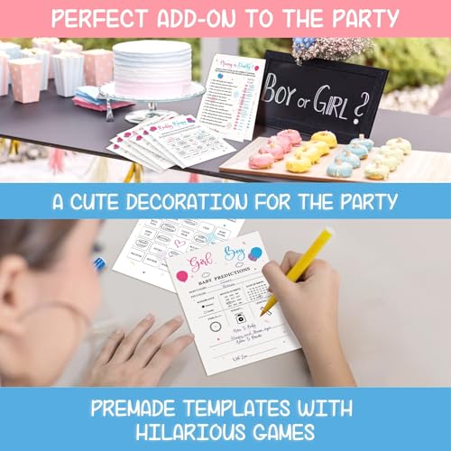 Baby Gender Reveal Games Set - 50 Double-Sided Cards, 4 Fun Activities
