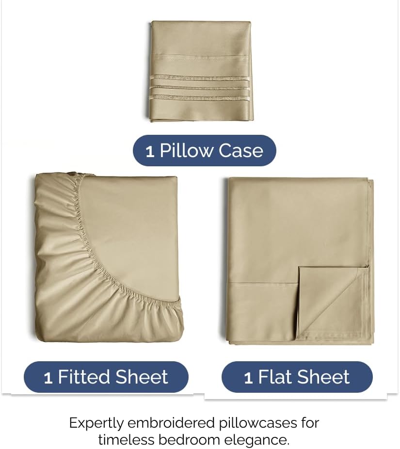 Skiennix Twin XL Sheet Set - Comfy Cooling Bed Sheets - Ultra-Soft, Deep Pockets, Wrinkle-Free - Beige