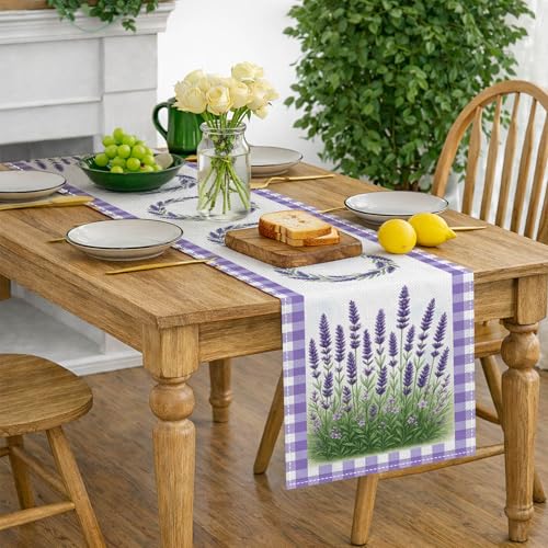HOMETITUTE Lavender Table Runner 13x72 Inch Floral Burlap Farmhouse Decor