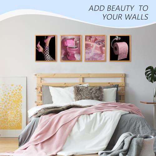 Pink and Black Bathroom Wall Art Prints - Set of 4, 8x10