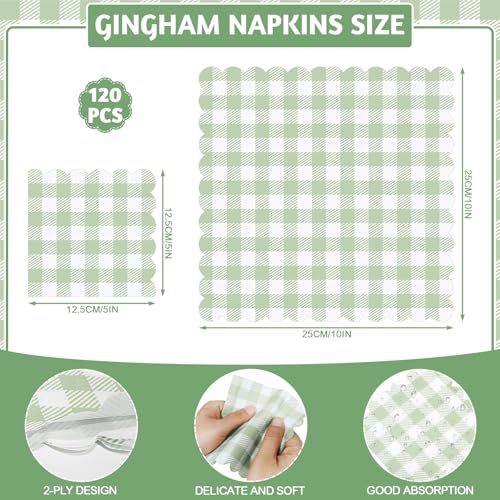120 Pcs Sage Green Gingham Cocktail Napkins - Scalloped Design