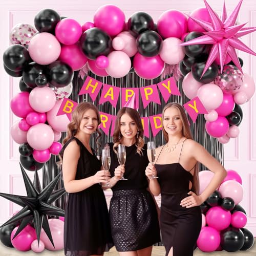 Pink and Black Birthday Decorations Party Pack with Balloons & Foil Balloons