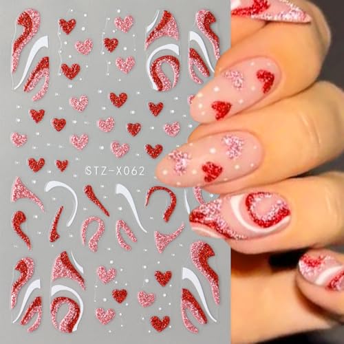 Valentines Day Nail Art Stickers 6 Sheets 3D Self-Adhesive Red Heart French Tips