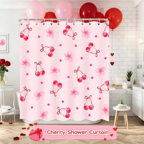 Cherry Shower Curtain for Girls - Floral Heart Design, 71x71 Inches