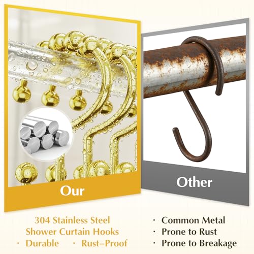 Gold Shower Curtain Hooks - 12 Pcs Rust Proof 304 Stainless Steel