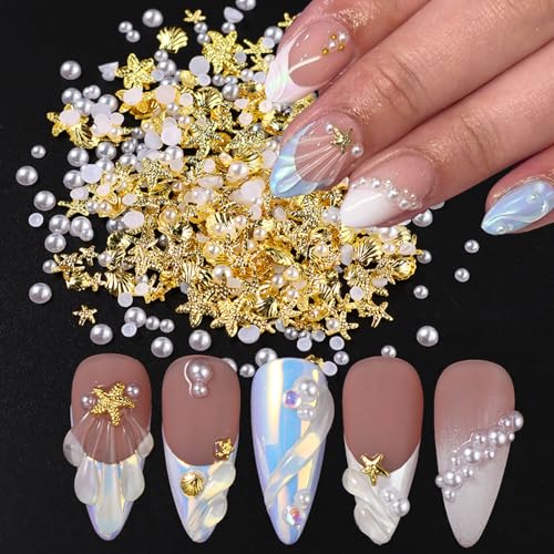 Starfish & Seashell Nail Charms with Pearls, 100pcs Ocean Rhinestones