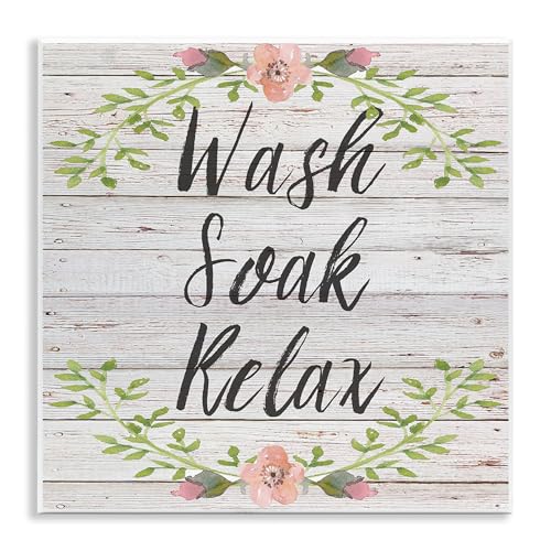 The Stupell Home Decor Collection wrp-1198_wd_12x12 Floral Wash Soak Relax Floral Wood Wall Plaque Art, 12" x 0.5" x 12", Multicolor