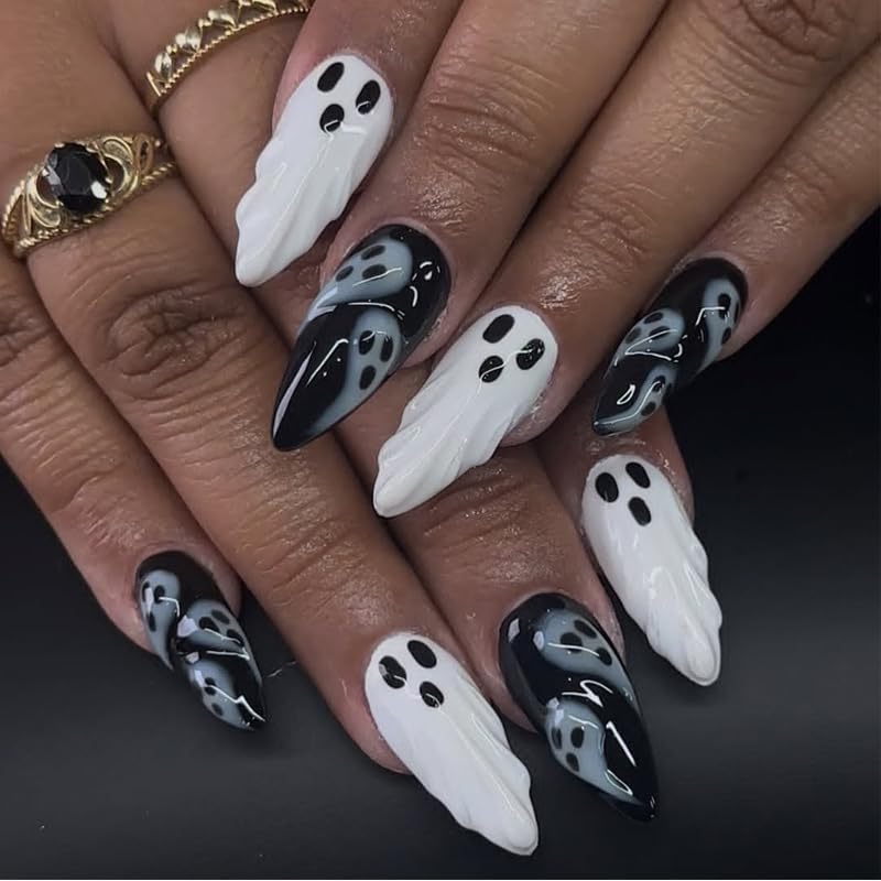 Halloween Press on Nails Medium Almond Ghost 3D False Nails 30Pcs
