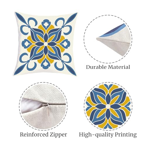Blue Mediterranean Floral Throw Pillow Covers Set of 4 - 16"x16" (Boho-03)