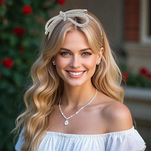 BOXOB Silver Rhinestone Bow Headband Crystal Hair Crown for Women