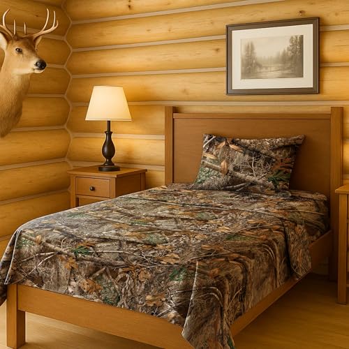 Northwest Realtree 3-Piece Twin Size Sheet Set, 1 Fitted Sheet, 1 Flat Sheet, 1 Pillowcase, Camo Bedding, Cabin Sheets, Edge Camo