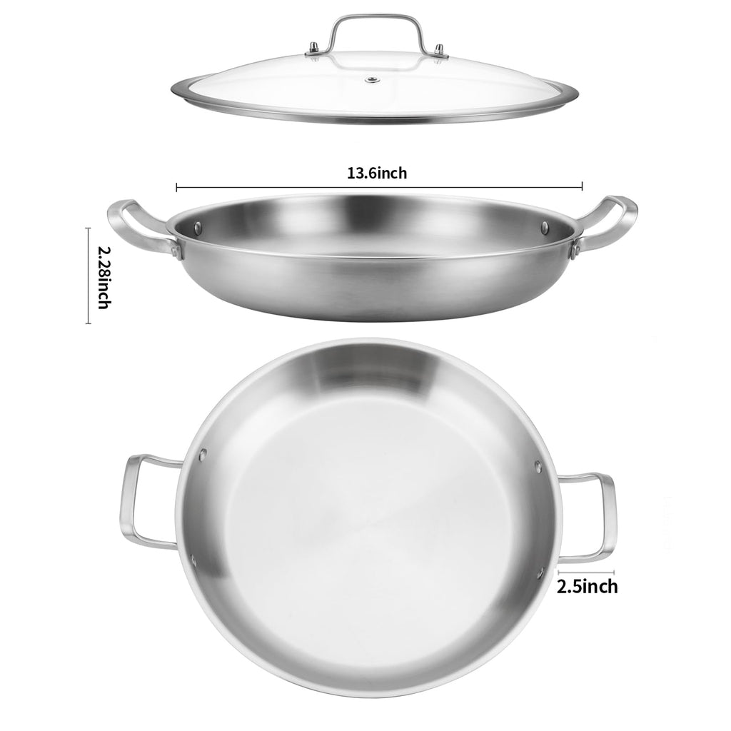 Yeksum Tri-Ply Stainless Steel Paella Pan Large Saute Pan with Lid (Stainless Steel, 13.5 INCH)