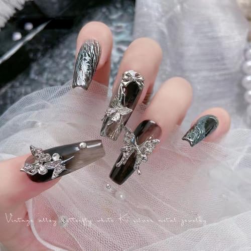 60Pcs 3D Butterfly Nail Charms Silver Rhinestone Alloy Manicure Decor