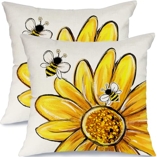 GEEORY Daisy Bee Throw Pillow Covers Set of 2 - 18x18 Inch White