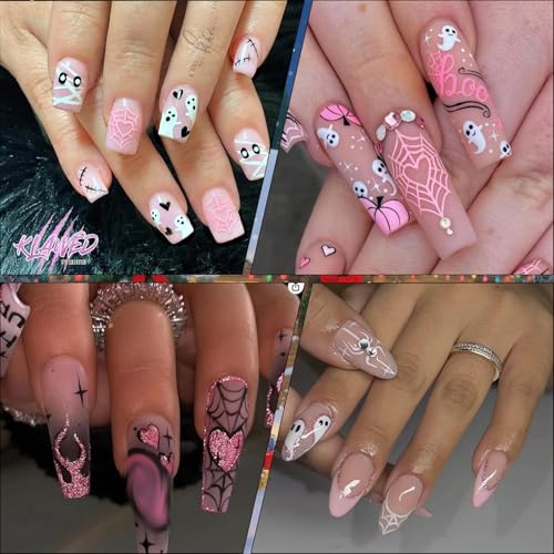 6 Sheets Halloween Nail Stickers Pink Glitter Butterfly Spider Web 3D Decals