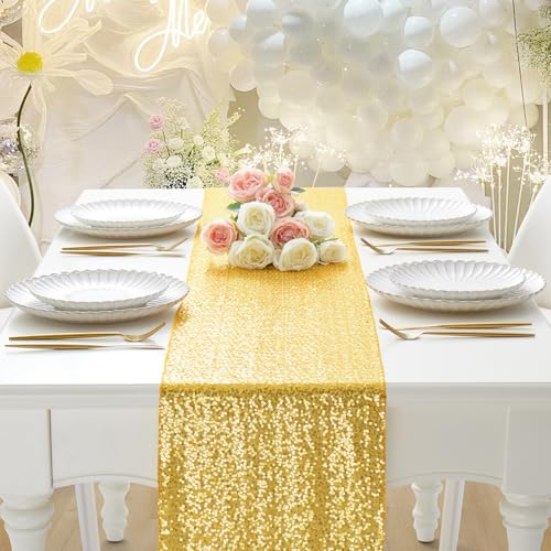 Gold Sequin Table Runner - 12 x 108 Inch, 1 Pack