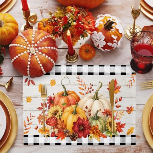 Fall Placemats Set of 6 - Orange and Black Farmhouse Table Mats with Pumpkin Design