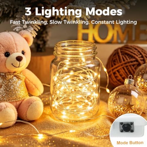 Warm White Fairy Lights Battery Operated 12 Pack with 3 Modes - 7FT Silver Wire