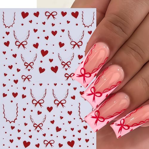 SHUXILIN 8 Sheets Red Heart Bow Nail Art Stickers Self-Adhesive 3D Decals