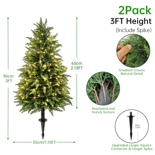3FT Cedar Topiary Artificial Plants with Detachable 80 LED Lights - 2 Pack