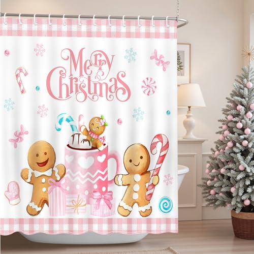 Christmas Shower Curtain Pink Checked Gingerbread Man 72x72 Inch with Hooks