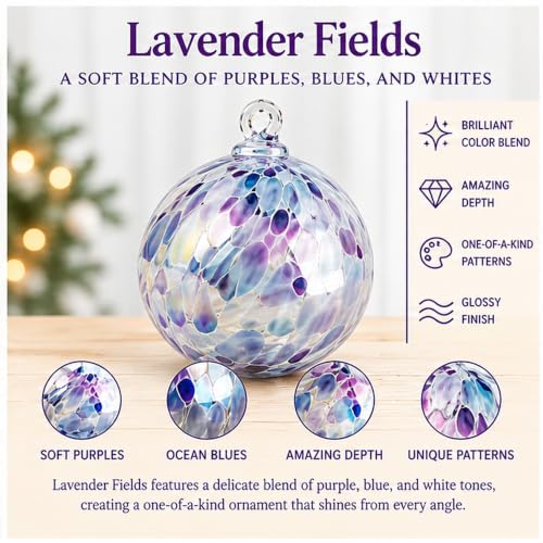 Hand Blown Glass Art Ornament - Lavender Fields Classic Round 3" - Handmade Decorative Decor