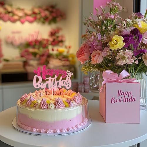 Pink Glitter Happy Birthday Cake Topper for Girls - 5.6x3.5in