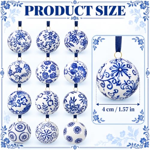 12 Pcs Blue & White Ceramic Chinoiserie Christmas Ornament Balls - 1.57 Inch