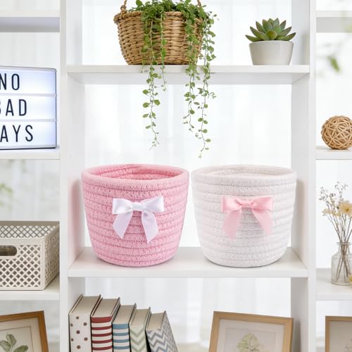 Pink Bow Makeup Brush Holder Set - Woven Cotton Storage Baskets