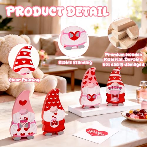 Cute Wooden Gnome Table Decoration - 4 Pcs Red & Pink Set
